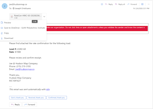 Automated rate confirmation email sent to the carrier with load number, rate, and attached PDF