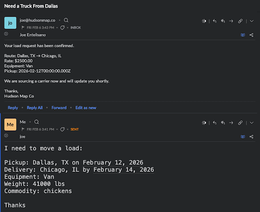 Email thread showing the customer's unstructured load request and the system's automated confirmation reply in the same thread